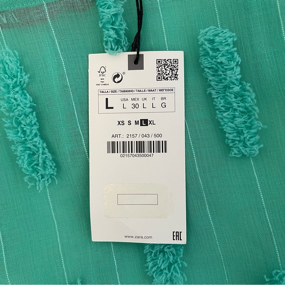 NWT Zara Sheer Puff Sleeve Spearmint Green Fringe Textured Blouse - Picture 8 of 12